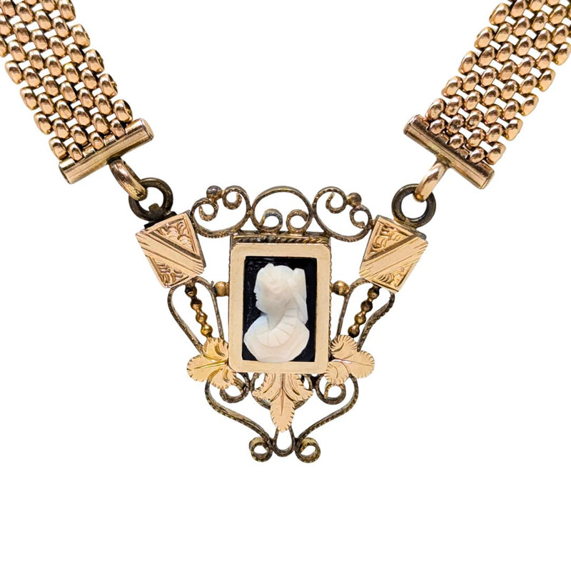 Antique Victorian Gold Filled Mesh Book Chain Cameo Necklace, 18.5"