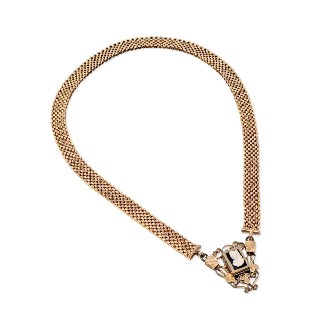 Antique Victorian Gold Filled Mesh Book Chain Cameo Necklace, 18.5"