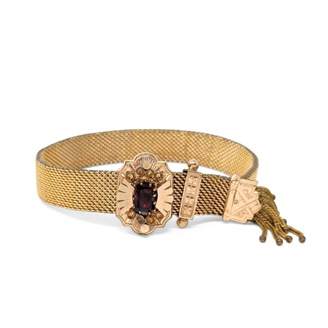 Antique Victorian W.E.W. & Co Gold Filled Mesh Tassel Slide Bracelet, 13mm Wide