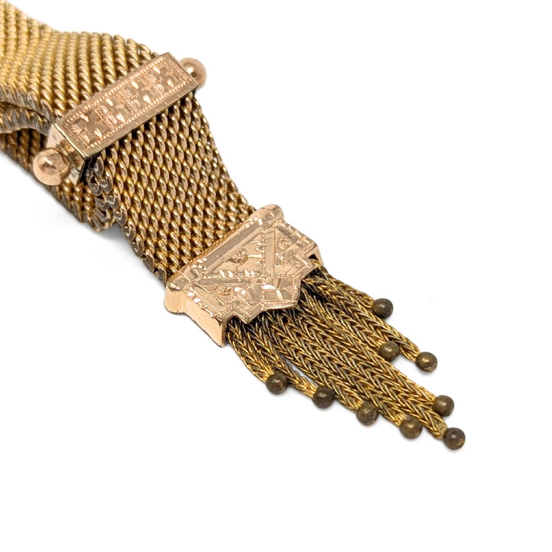 Antique Victorian W.E.W. & Co Gold Filled Mesh Tassel Slide Bracelet, 13mm Wide