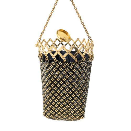 Whiting & Davis 1930's Vintage Gate Top Accordion Black/Gold Mesh Purse w/ Tag