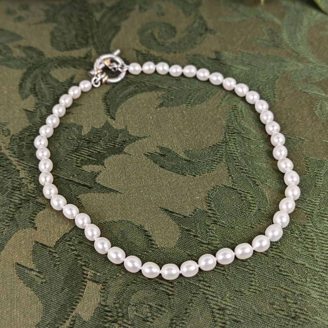 Authentic Slane & Slane 18" Freshwater Pearl Toggle Necklace .925 Sterling 18K Gold