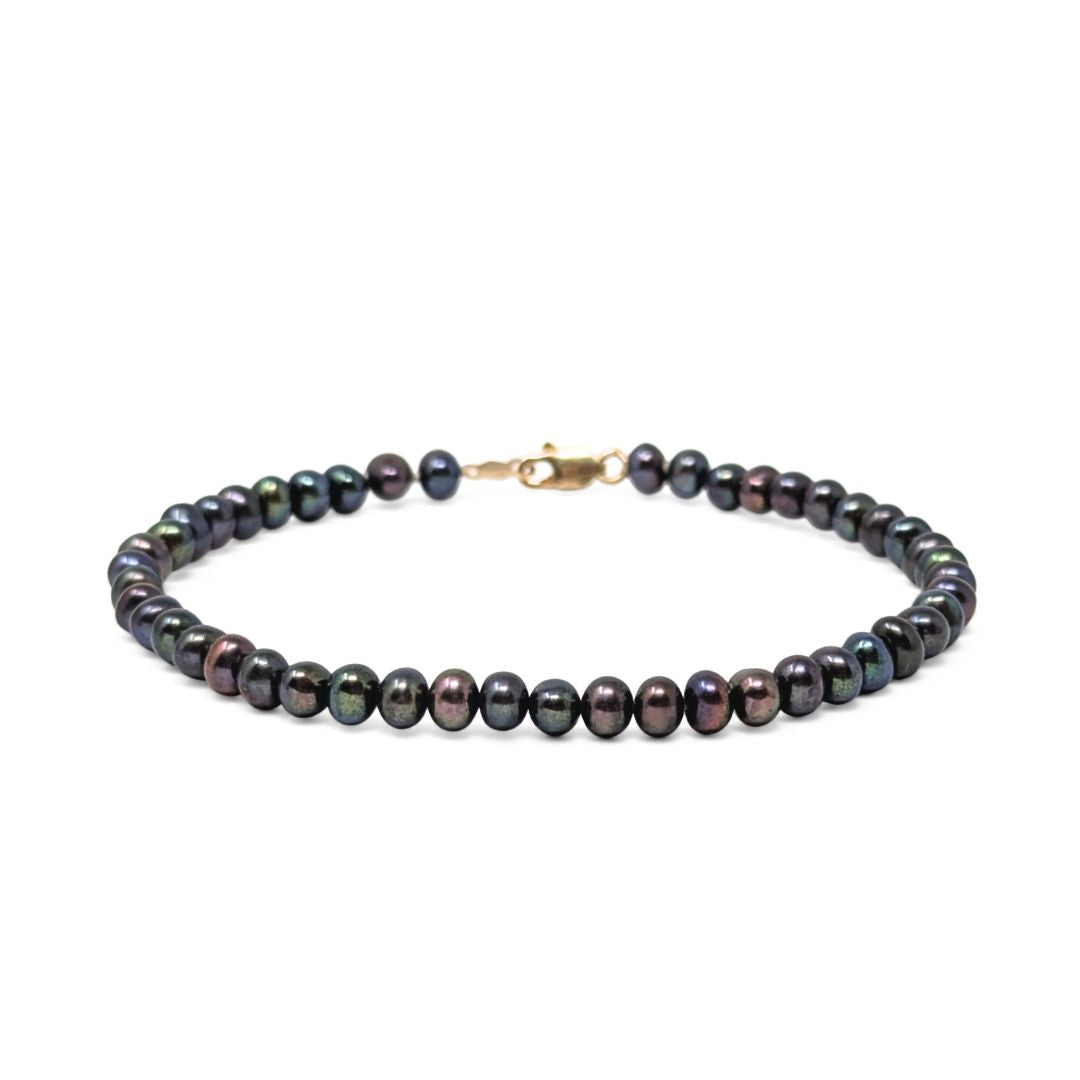 ATI Athra 14K Gold Hand Knotted Peacock Black Pearl Bracelet - 7.5", 4.5mm