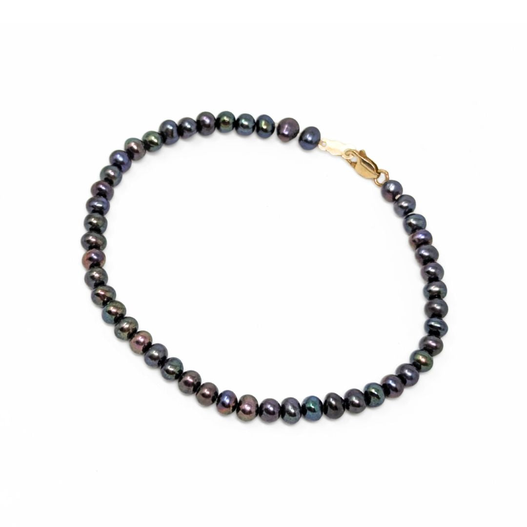 ATI Athra 14K Gold Hand Knotted Peacock Black Pearl Bracelet - 7.5", 4.5mm