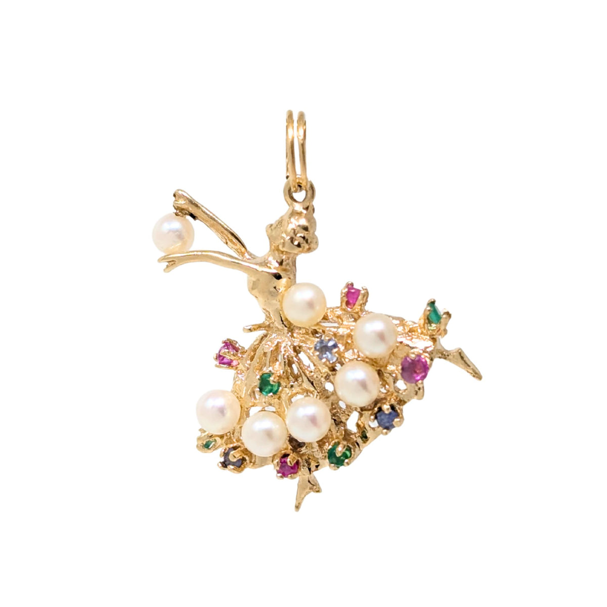 Vintage 13K Yellow Gold, Pearl, & Gemstone Ballerina Pendant/Charm (4.4g)