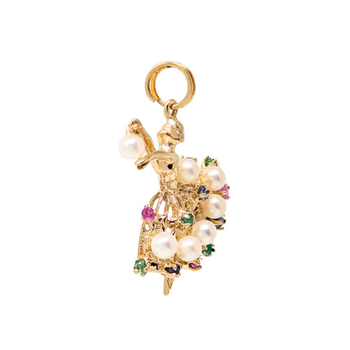 Vintage 13K Yellow Gold, Pearl, & Gemstone Ballerina Pendant/Charm (4.4g)