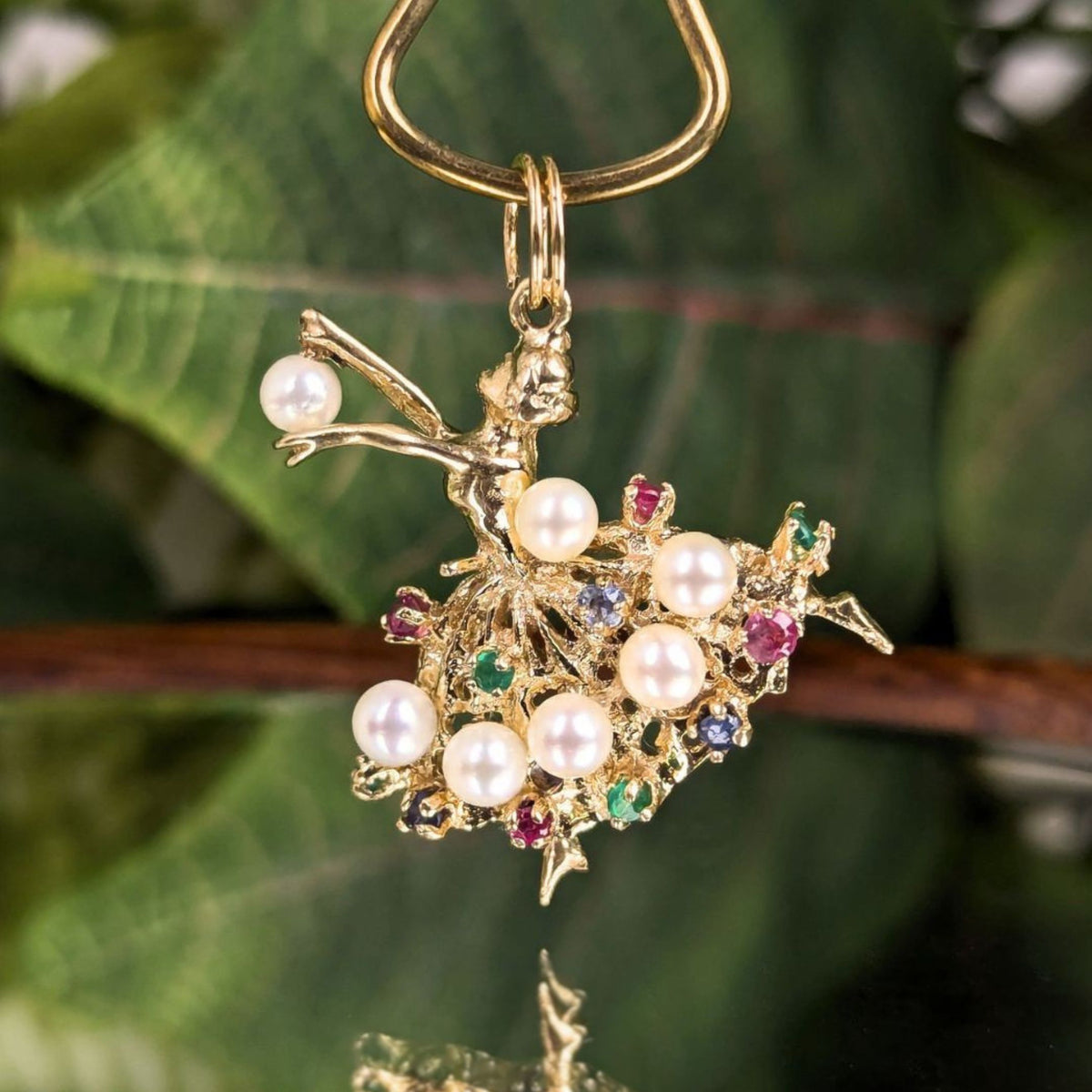 Vintage 13K Yellow Gold, Pearl, & Gemstone Ballerina Pendant/Charm (4.4g)