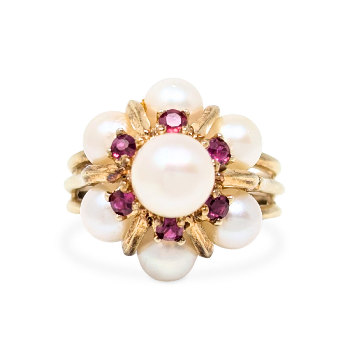 Vintage Israel Yellow Gold, Pearl, & Red Spinel Cluster Cocktail Ring - Size 5 (5.7g)