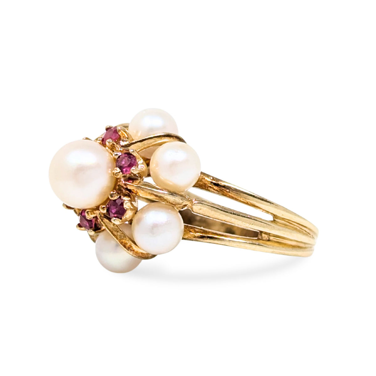 Vintage Israel Yellow Gold, Pearl, & Red Spinel Cluster Cocktail Ring - Size 5 (5.7g)