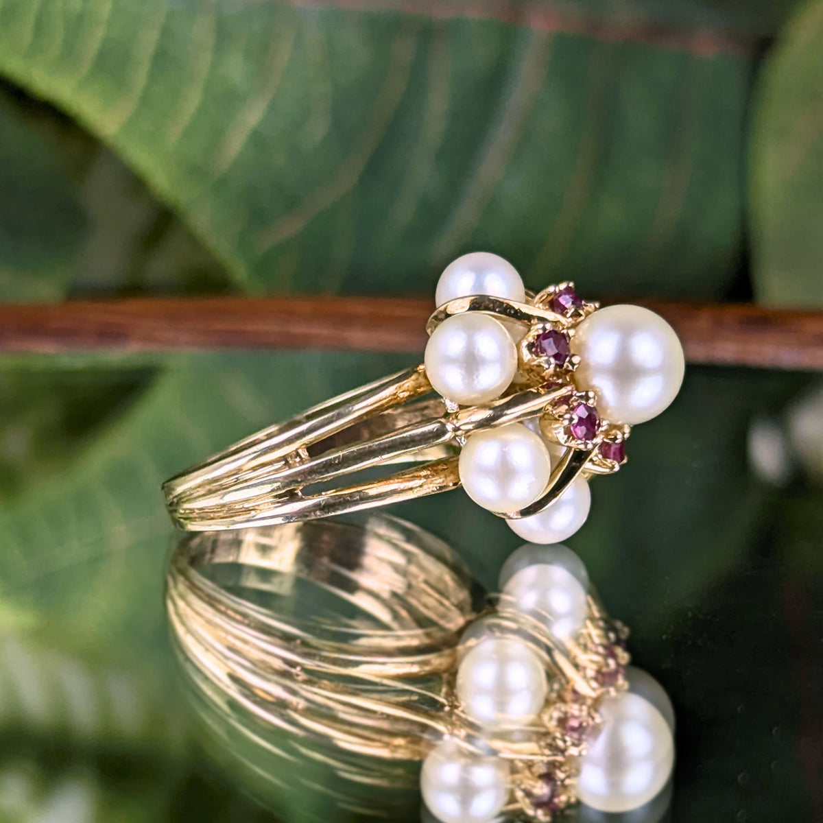 Vintage Israel Yellow Gold, Pearl, & Red Spinel Cluster Cocktail Ring - Size 5 (5.7g)