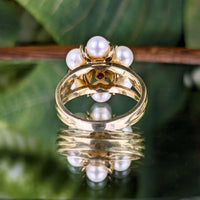 Vintage Israel Yellow Gold, Pearl, & Red Spinel Cluster Cocktail Ring - Size 5 (5.7g)