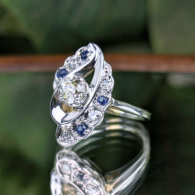 Vintage 14K White Gold Diamond & Sapphire Cocktail Ring - Size 5.5