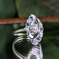 Vintage 14K White Gold Diamond & Sapphire Cocktail Ring - Size 5.5