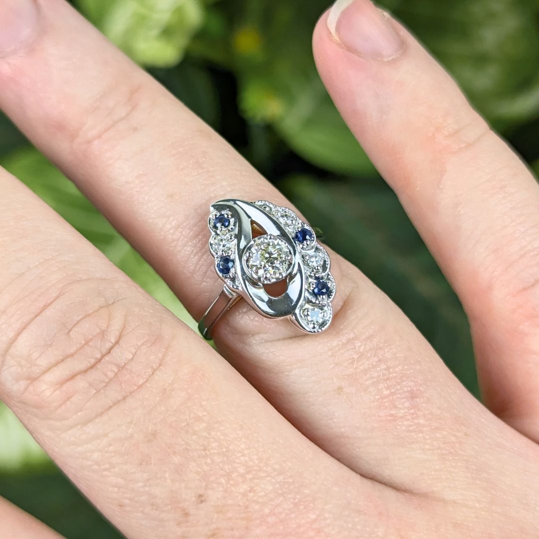 Vintage 14K White Gold Diamond & Sapphire Cocktail Ring - Size 5.5