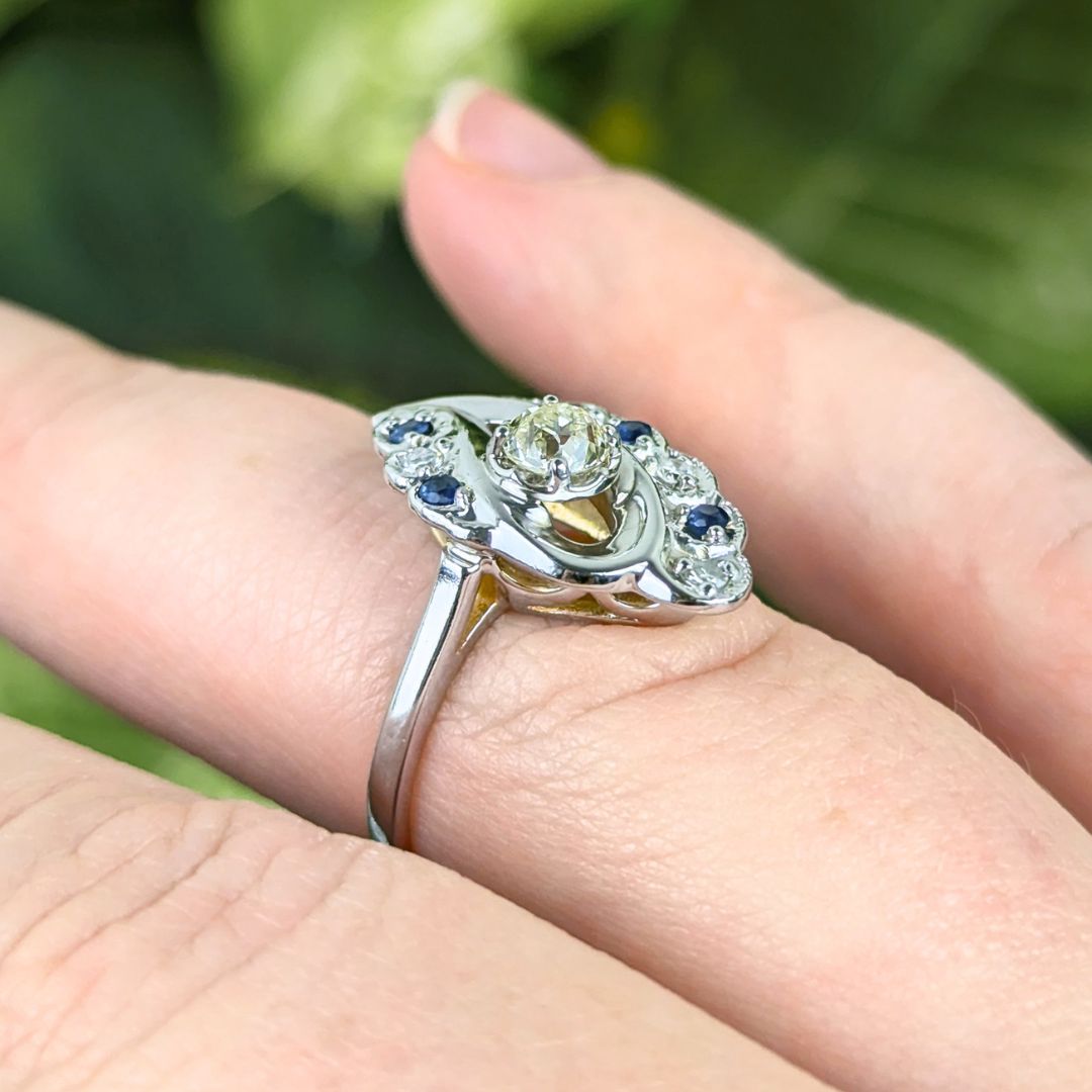 Vintage 14K White Gold Diamond & Sapphire Cocktail Ring - Size 5.5