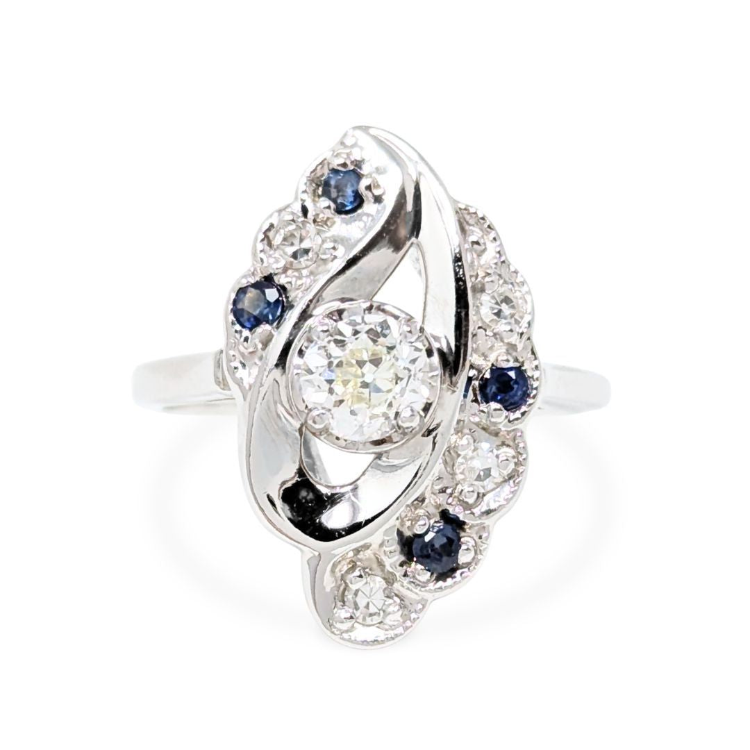 Vintage 14K White Gold Diamond & Sapphire Cocktail Ring - Size 5.5