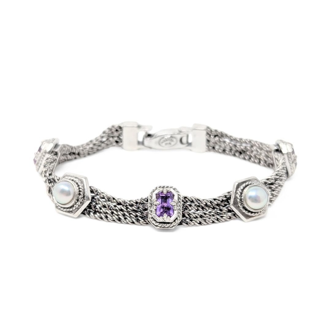ANATOLI Signed Sterling Silver (.925) Multi-Strand 7" Amethyst Pearl Bracelet
