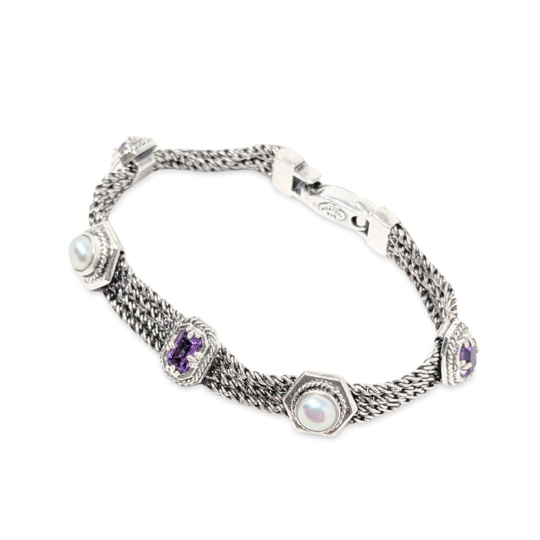 ANATOLI Signed Sterling Silver (.925) Multi-Strand 7" Amethyst Pearl Bracelet