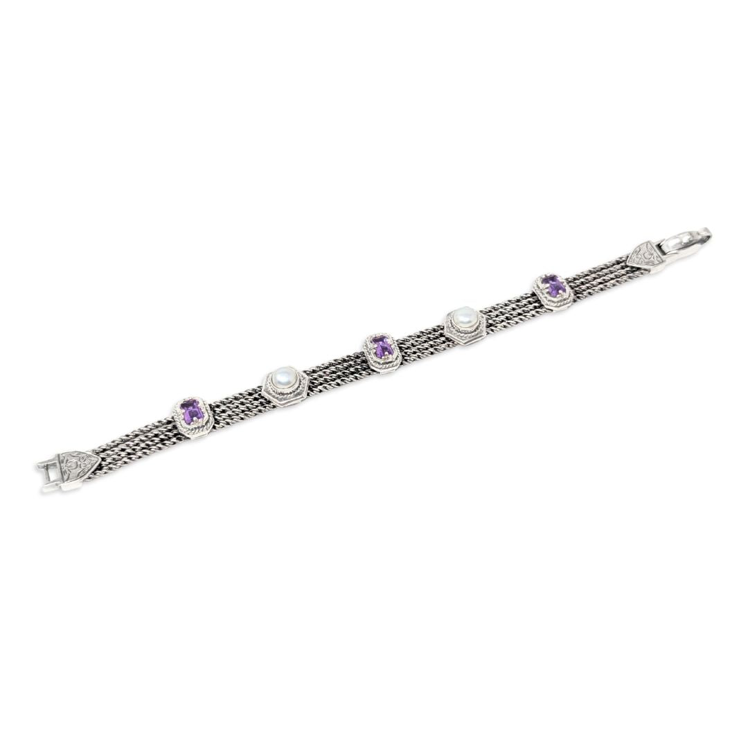 ANATOLI Signed Sterling Silver (.925) Multi-Strand 7" Amethyst Pearl Bracelet