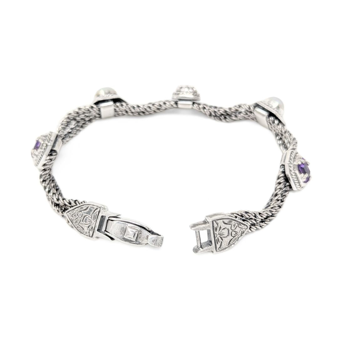 ANATOLI Signed Sterling Silver (.925) Multi-Strand 7" Amethyst Pearl Bracelet