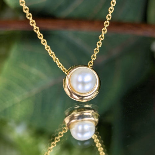 14K Gold Mabe Pearl 16.25" Slide Pendant Necklace, 1.2mm Italian Cable Chain