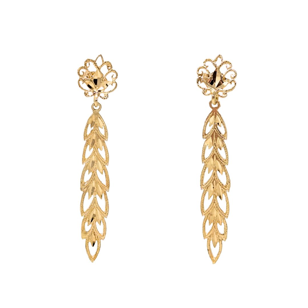 13K Gold Feather Drop Diamond Cut Drop Earrings