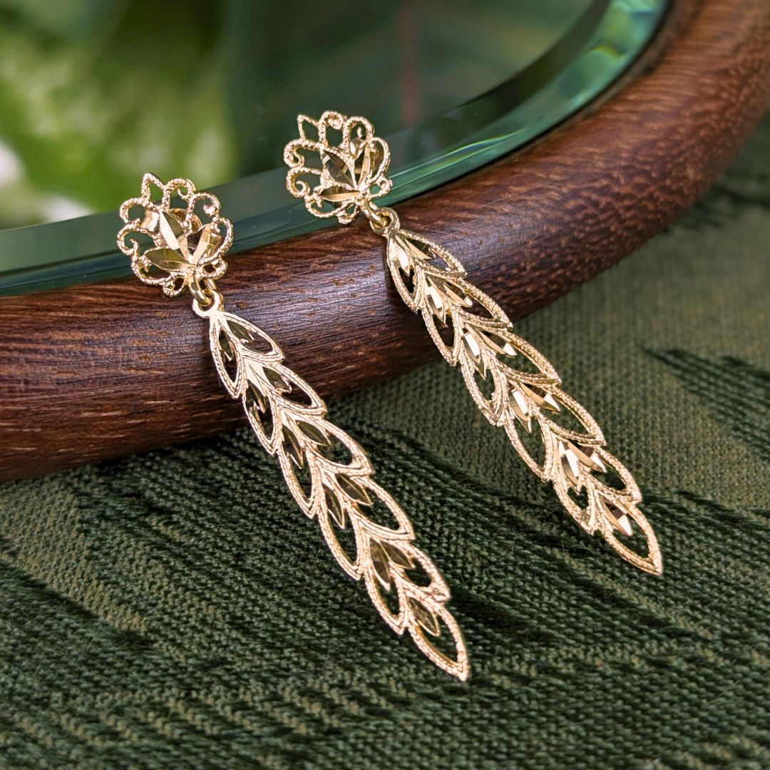 13K Gold Feather Drop Diamond Cut Drop Earrings