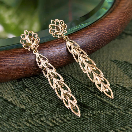 13K Gold Feather Drop Diamond Cut Drop Earrings