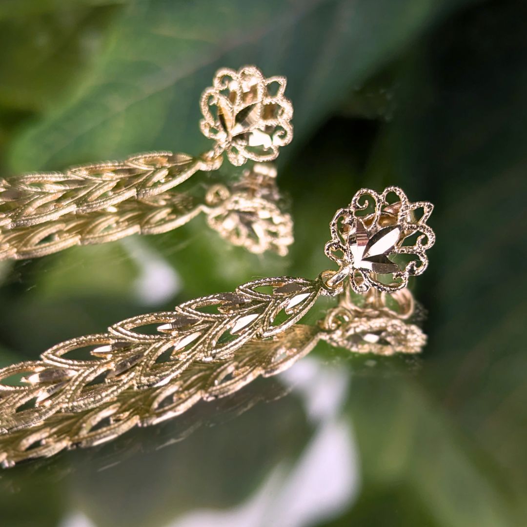 13K Gold Feather Drop Diamond Cut Drop Earrings
