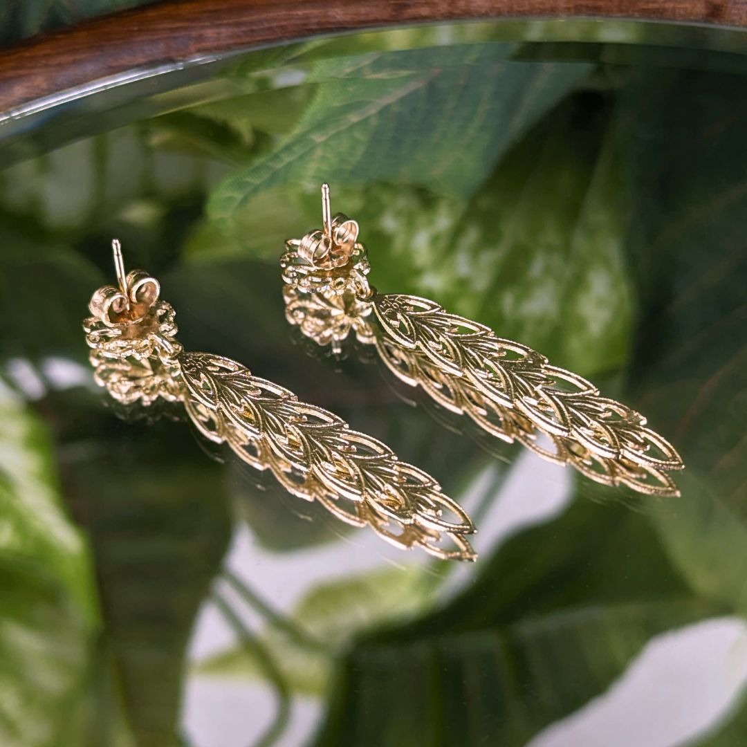 13K Gold Feather Drop Diamond Cut Drop Earrings