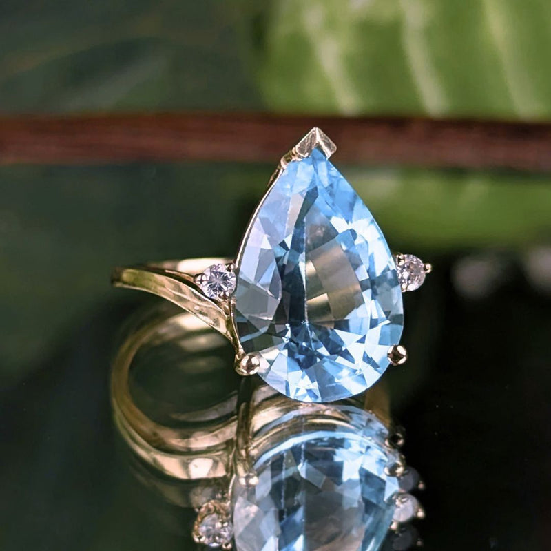 Clyde Duneier CID 14K Gold Pear Blue Topaz Diamond Ring XRF Verified Sz -4.5