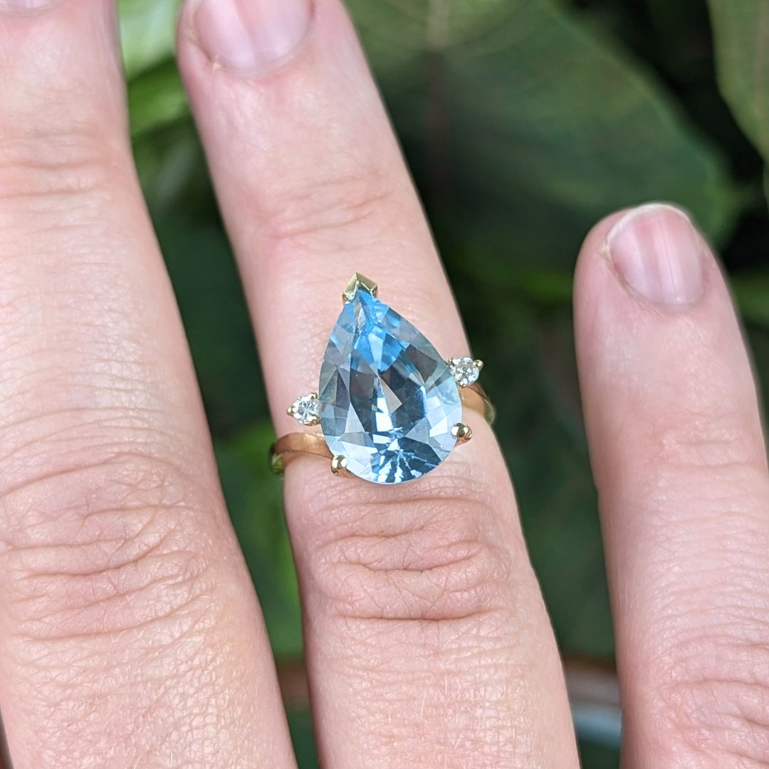 Clyde Duneier CID 14K Gold Pear Blue Topaz Diamond Ring XRF Verified Sz -4.5