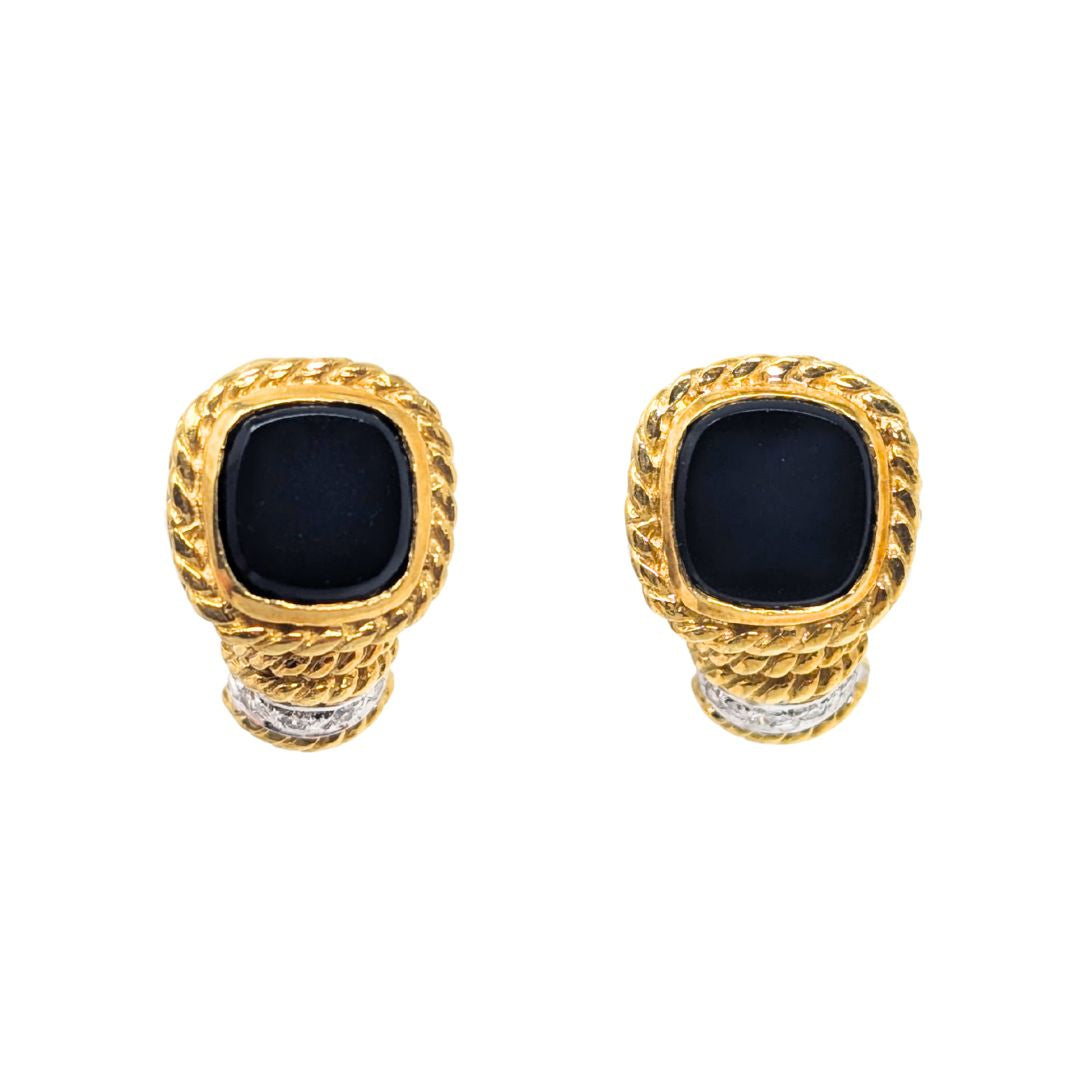 CASSIS 17K Gold, Black Onyx & Diamond Huggie Hoop Omega Earrings, 18.3g