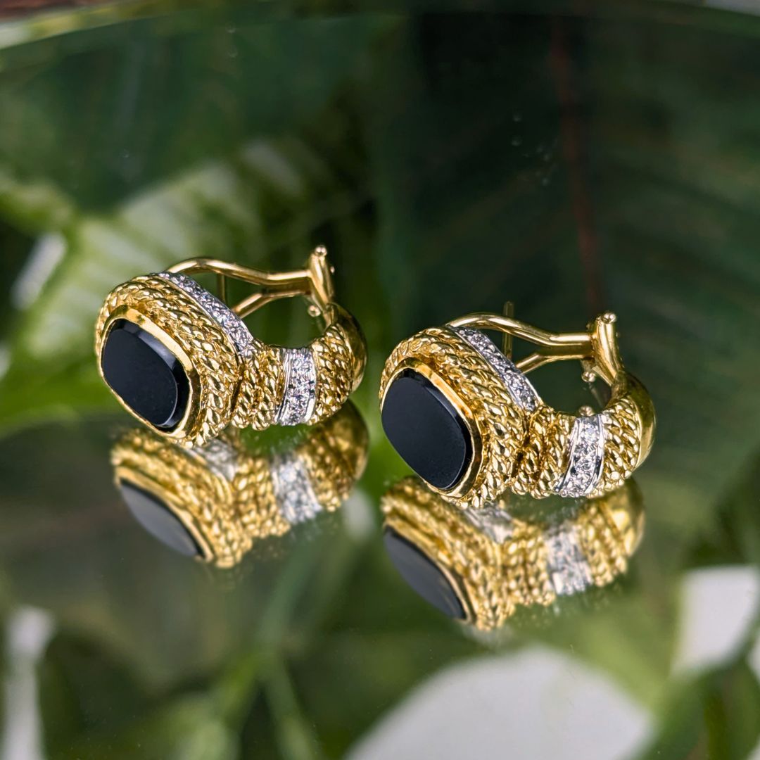 CASSIS 17K Gold, Black Onyx & Diamond Huggie Hoop Omega Earrings, 18.3g