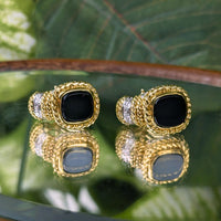 CASSIS 17K Gold, Black Onyx & Diamond Huggie Hoop Omega Earrings, 18.3g