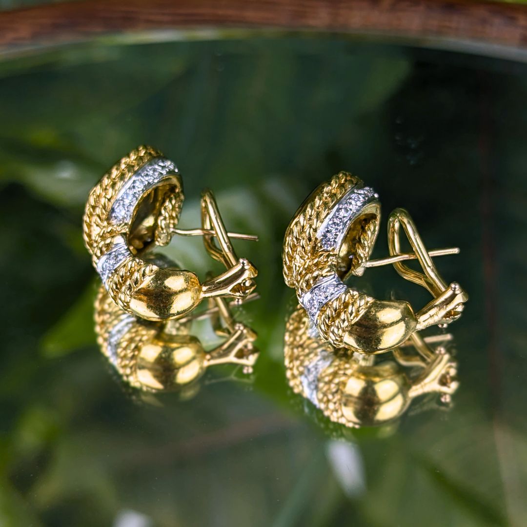 CASSIS 17K Gold, Black Onyx & Diamond Huggie Hoop Omega Earrings, 18.3g