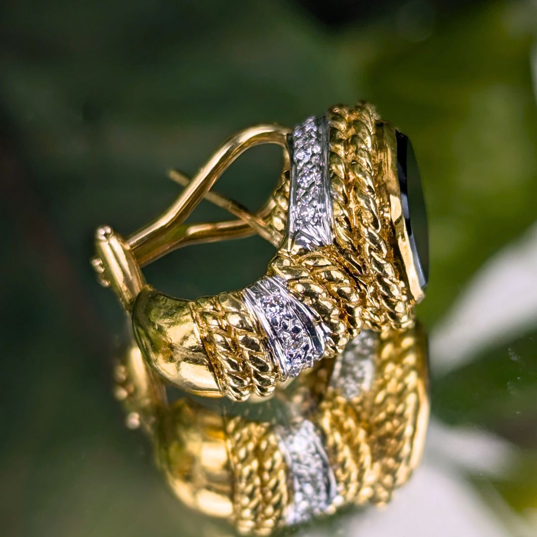 CASSIS 17K Gold, Black Onyx & Diamond Huggie Hoop Omega Earrings, 18.3g