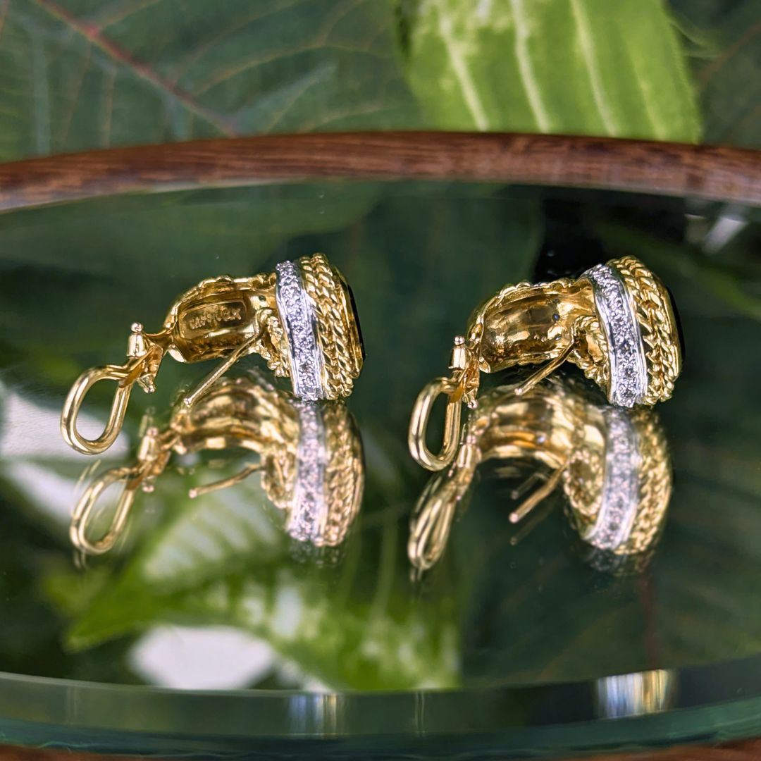 CASSIS 17K Gold, Black Onyx & Diamond Huggie Hoop Omega Earrings, 18.3g