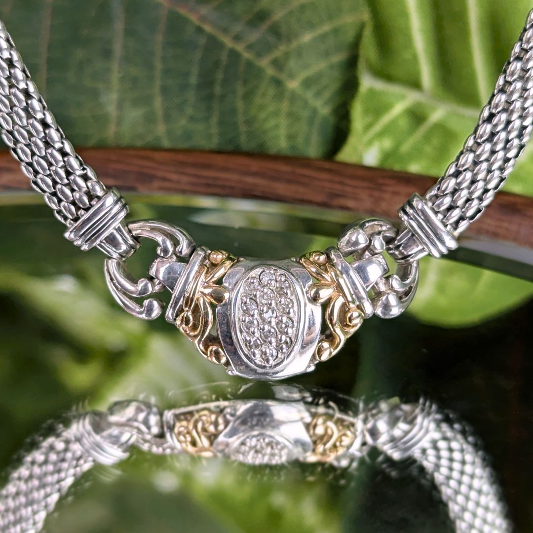 Pangborn Design Sterling Silver/14K Gold 0.32ctw Diamond Mesh Necklace, 18.25"
