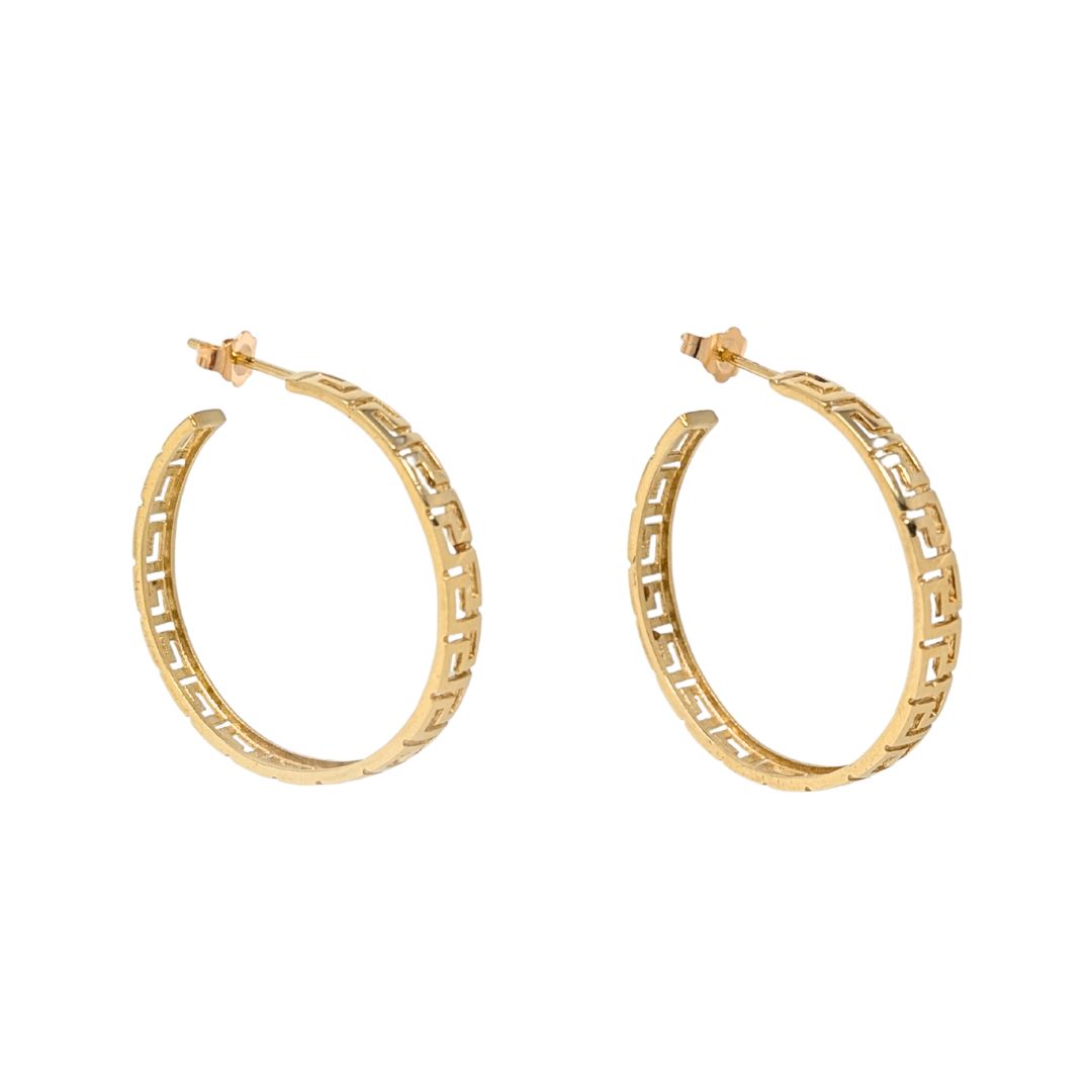 14K Yellow Gold Greek Key Hoop Earrings, Pierced/Cutout, 33mm 7.2g