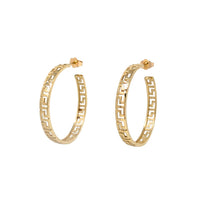 14K Yellow Gold Greek Key Hoop Earrings, Pierced/Cutout, 33mm 7.2g