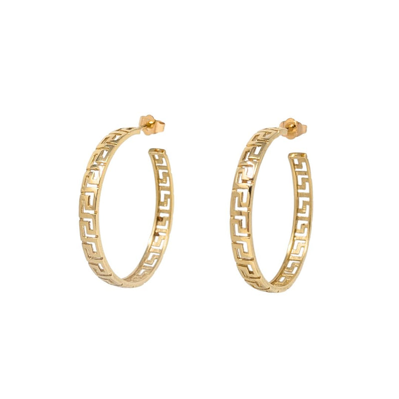 14K Yellow Gold Greek Key Hoop Earrings, Pierced/Cutout, 33mm 7.2g