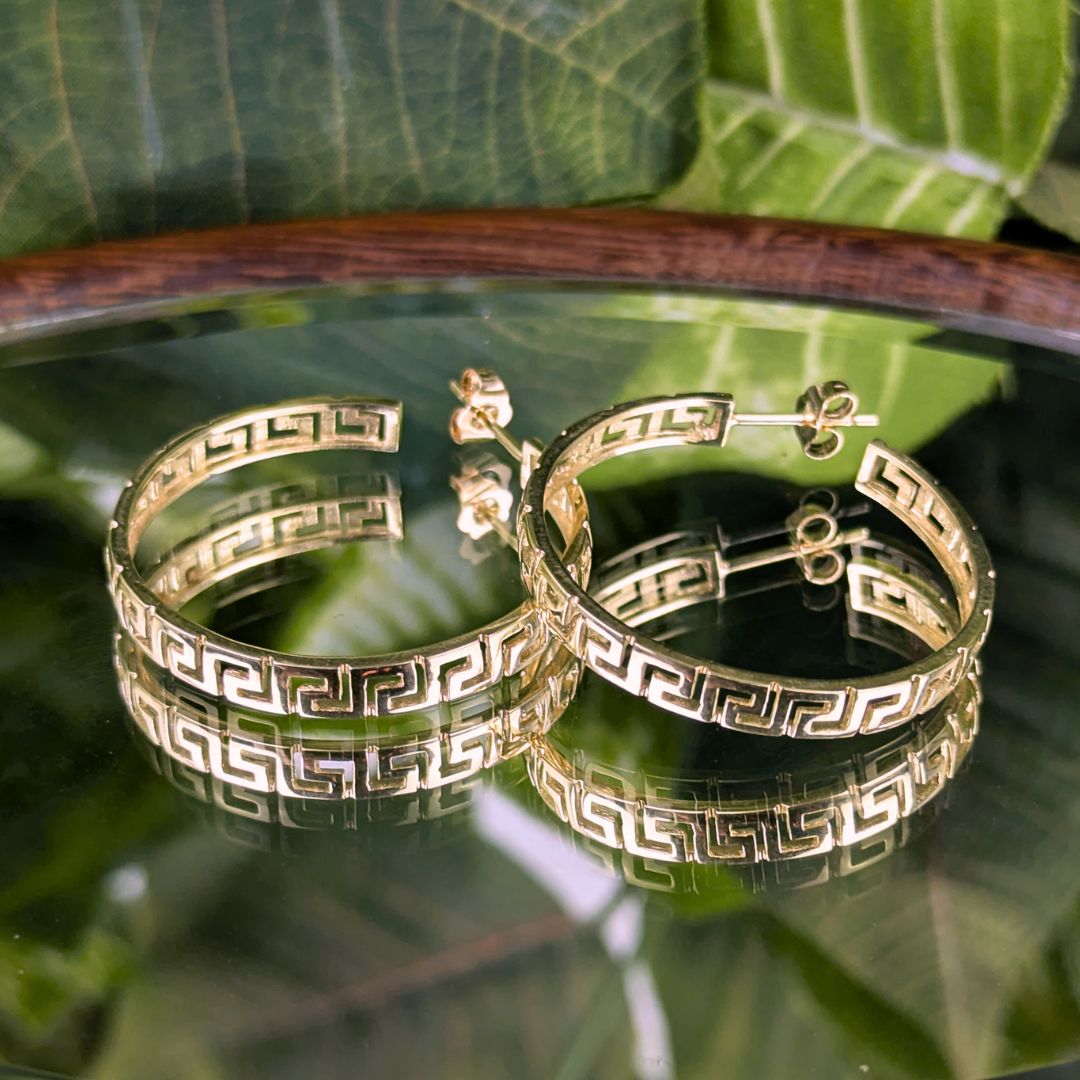 14K Yellow Gold Greek Key Hoop Earrings, Pierced/Cutout, 33mm 7.2g