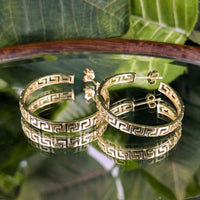 14K Yellow Gold Greek Key Hoop Earrings, Pierced/Cutout, 33mm 7.2g