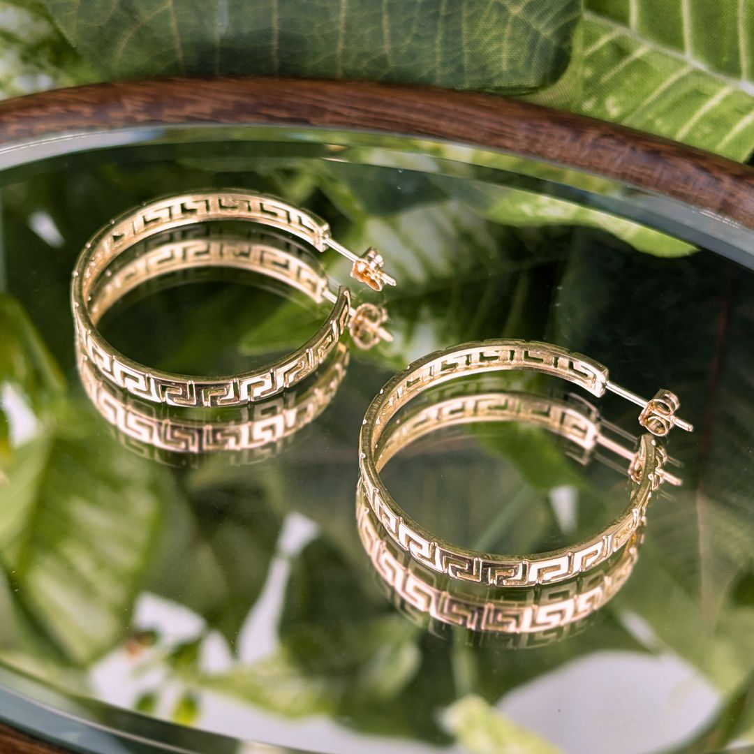 14K Yellow Gold Greek Key Hoop Earrings, Pierced/Cutout, 33mm 7.2g