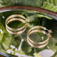 14K Yellow Gold Greek Key Hoop Earrings, Pierced/Cutout, 33mm 7.2g