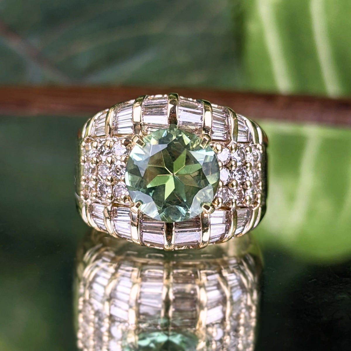Estate 17K Gold AAA Green Amethyst Baguette Diamond Cocktail Ring, 10.66g