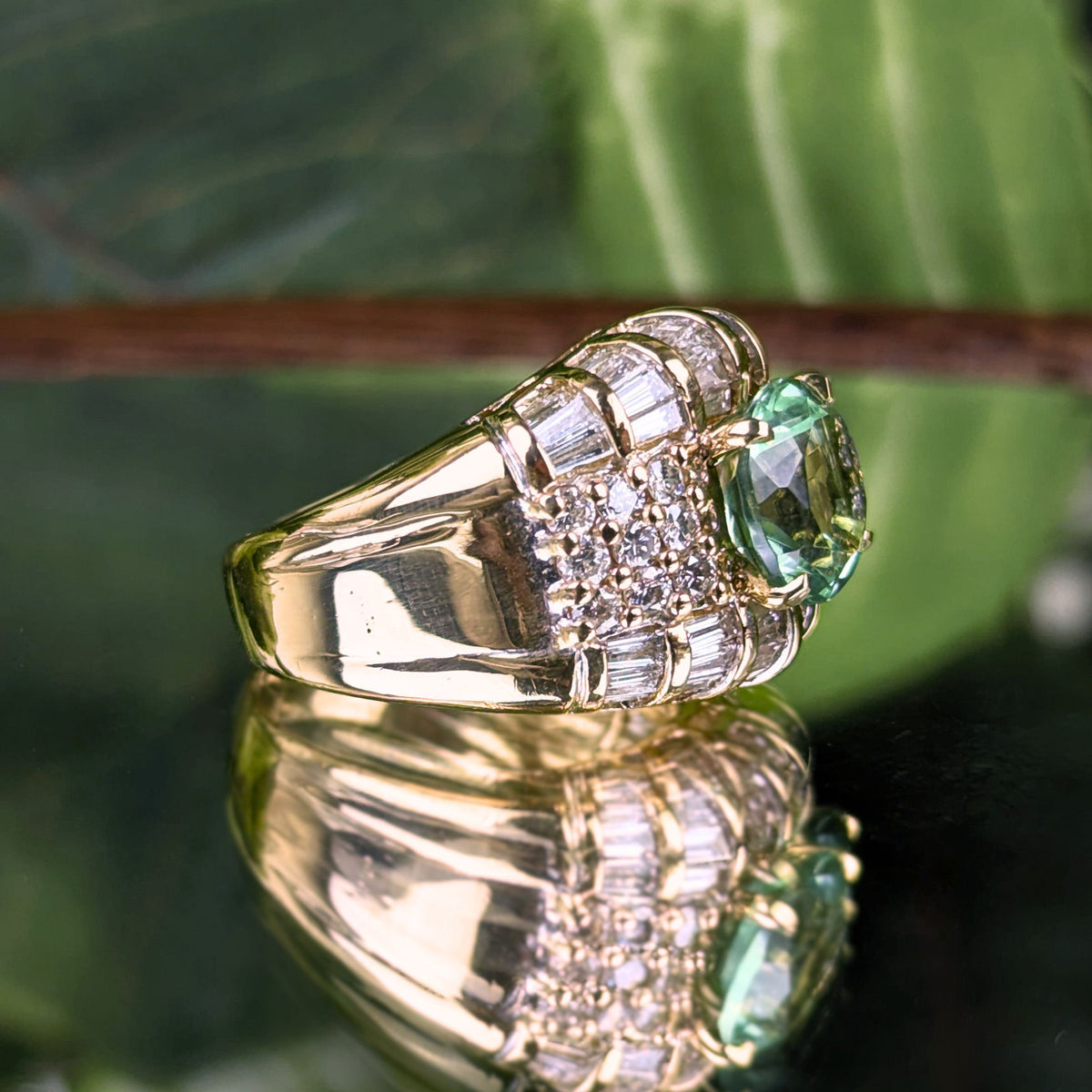 Estate 17K Gold AAA Green Amethyst Baguette Diamond Cocktail Ring, 10.66g