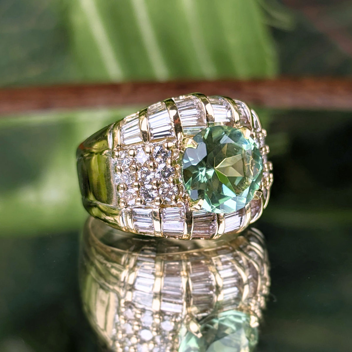 Estate 17K Gold AAA Green Amethyst Baguette Diamond Cocktail Ring, 10.66g