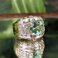 Estate 17K Gold AAA Green Amethyst Baguette Diamond Cocktail Ring, 10.66g